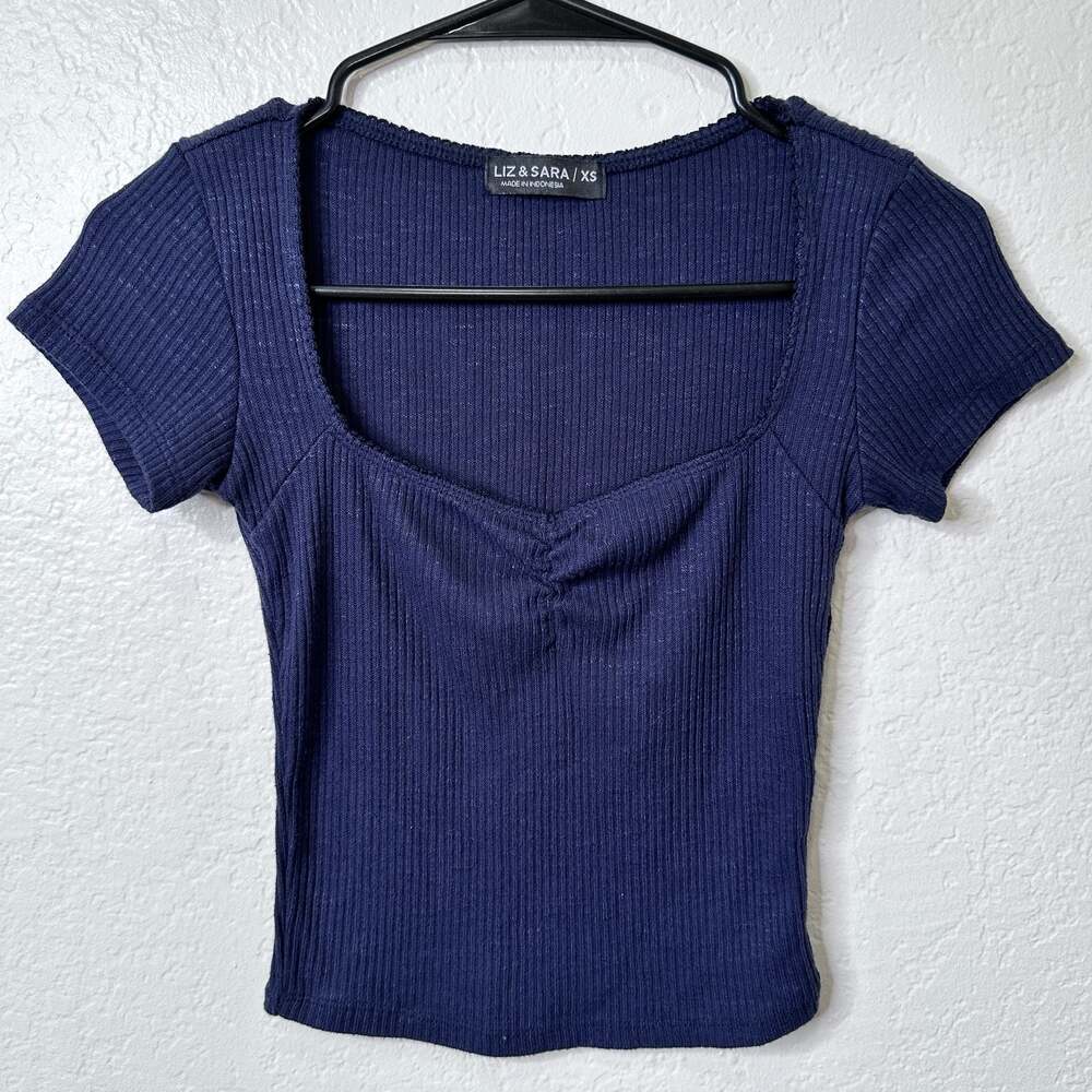 Liz & Sara Women's Navy Ribbed Short Sleeve Square Neck Ruched Crop Top - XS